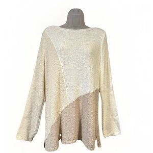 J Jill Pure Jill Colorblock Loose Knit Sweater Tunic Cream Tan Womens Size Large